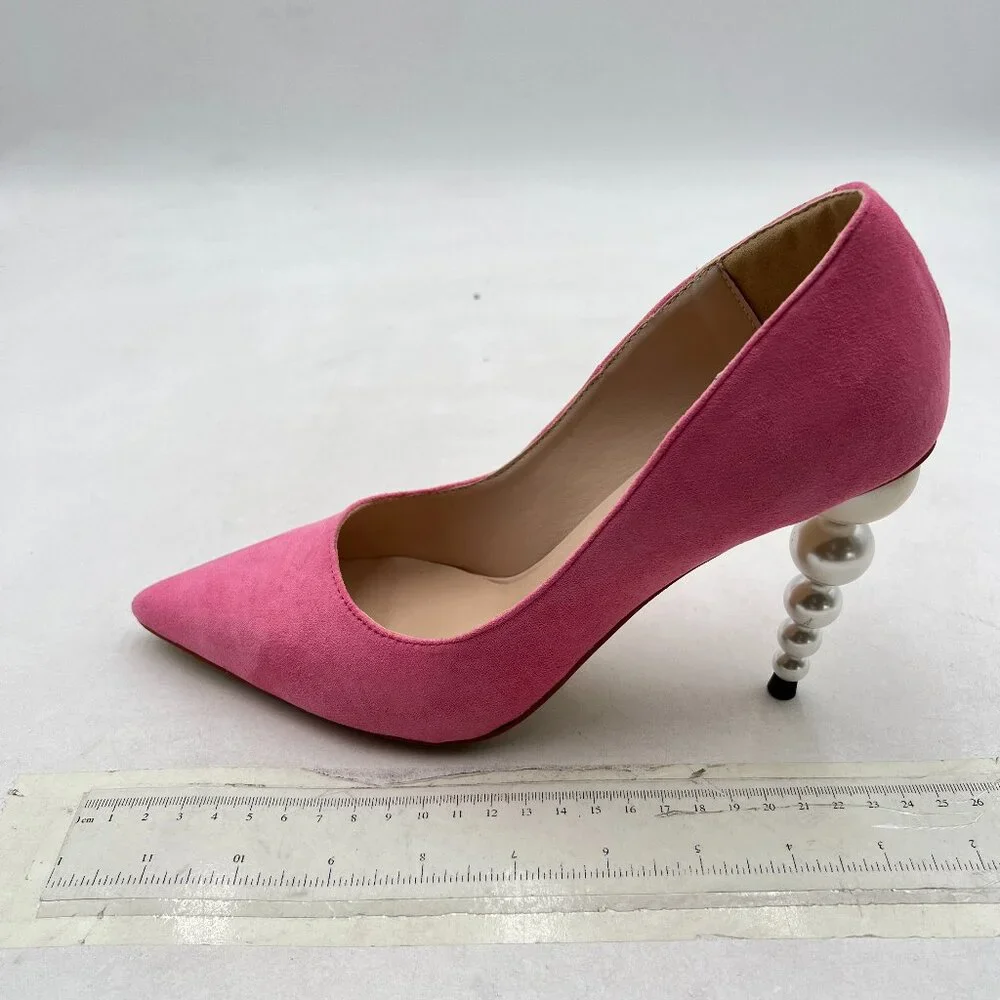 FSJ Pink Suede High Heels Pumps Pointed Toe Slip On Pearls Beaded Elegant Shoes - Picture 2 of 8